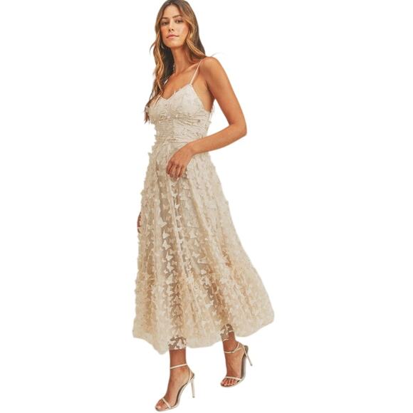 None and/or Unknown Dresses & Skirts - NWT NATASHA BUTTERFLY MESH LACE UP MIDI DRESS - CREAM SIZE SMALL BRIDAL WEDDING